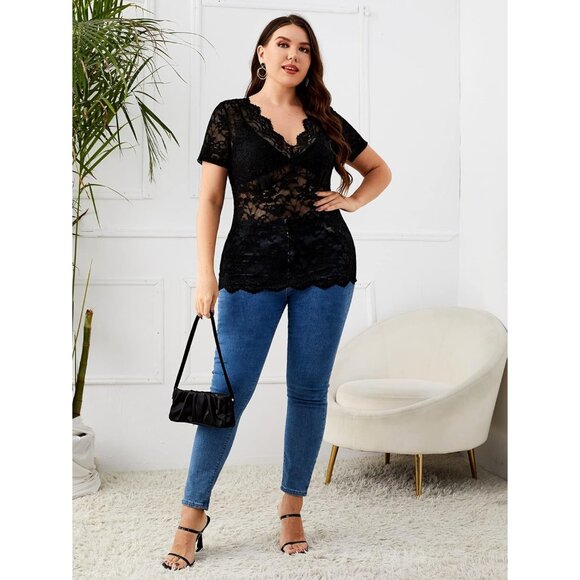 Women's Plus Size Short Sleeve Floral Lace Blouse Mesh V Neck Casual Top - Picture 5 of 5